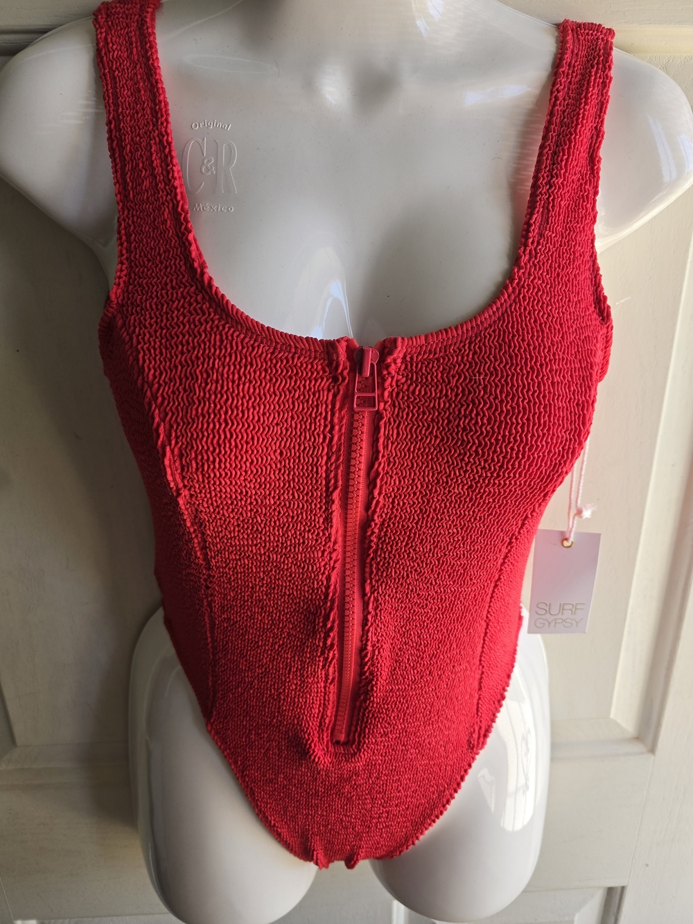 Surf Gypsy Sunset Red Zip-Front One-Piece Swimsuit - Picture 2 of 5